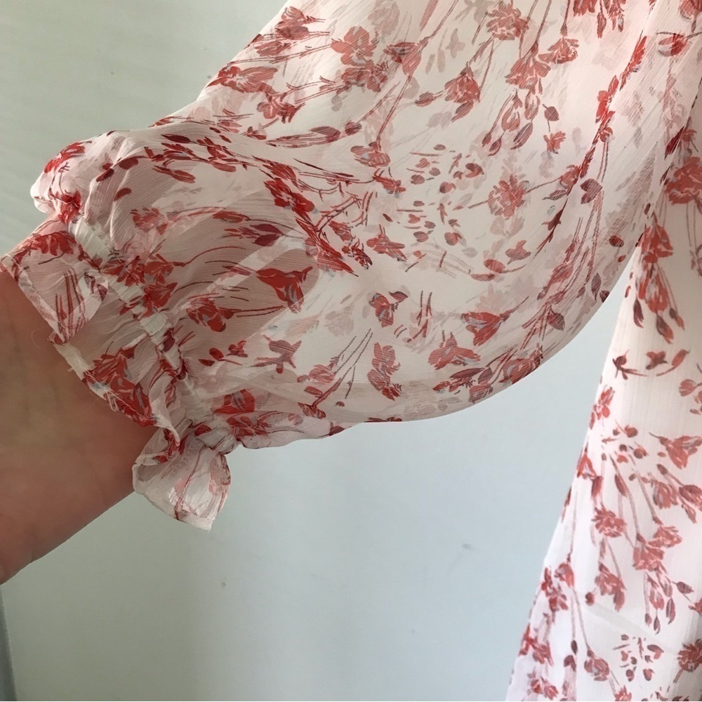 CeCe Floral Chiffon Tie Neck Ruffle Dress Size 12 White Red Sheer Sleeve Wedding - Picture 4 of 17